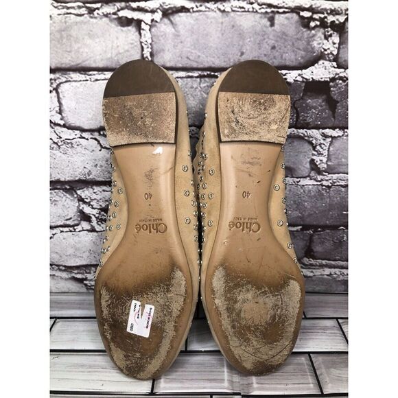 Chloe Beige Suede Leather Scalloped Perforated Stud Ballet Flats Women Sz 40EU/9 - Picture 12 of 16